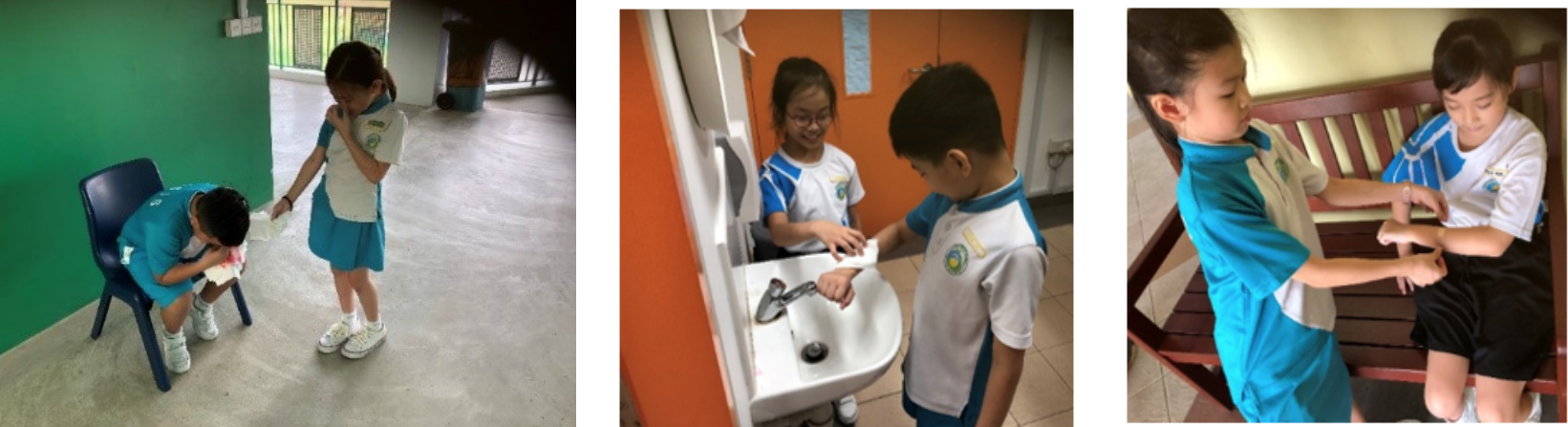 Three photos of young school children in uniforms helping each other with tasks like washing hands and dressing.